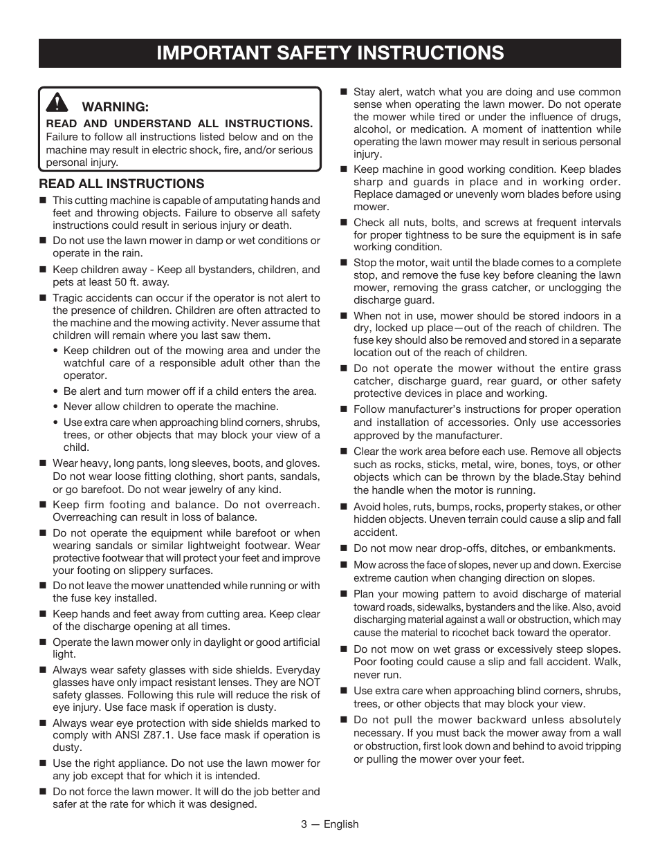 Important safety instructions | Ryobi RY14110 User Manual | Page 7 / 48