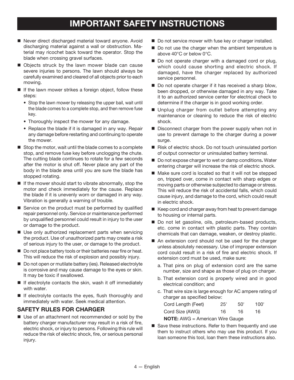 Important safety instructions | Ryobi RY14110 User Manual | Page 8 / 48