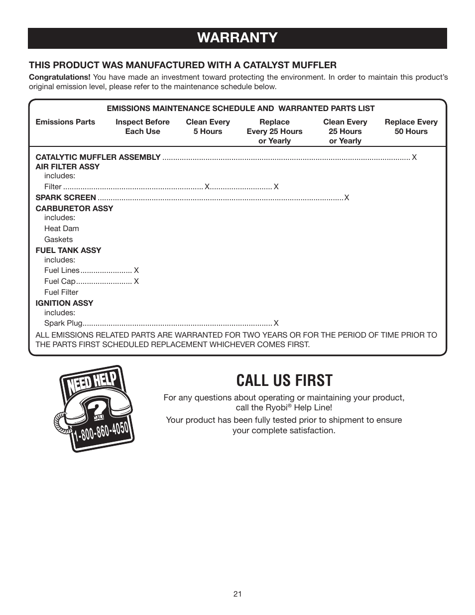 Call us first, Warranty | Ryobi RY52014 User Manual | Page 21 / 22