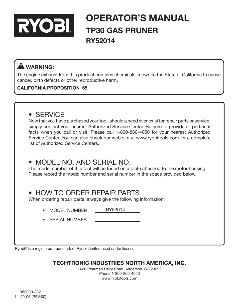 Operator’s manual, Tp30 gas pruner, Service | Model no. and serial no, How to order repair parts | Ryobi RY52014 User Manual | Page 22 / 22