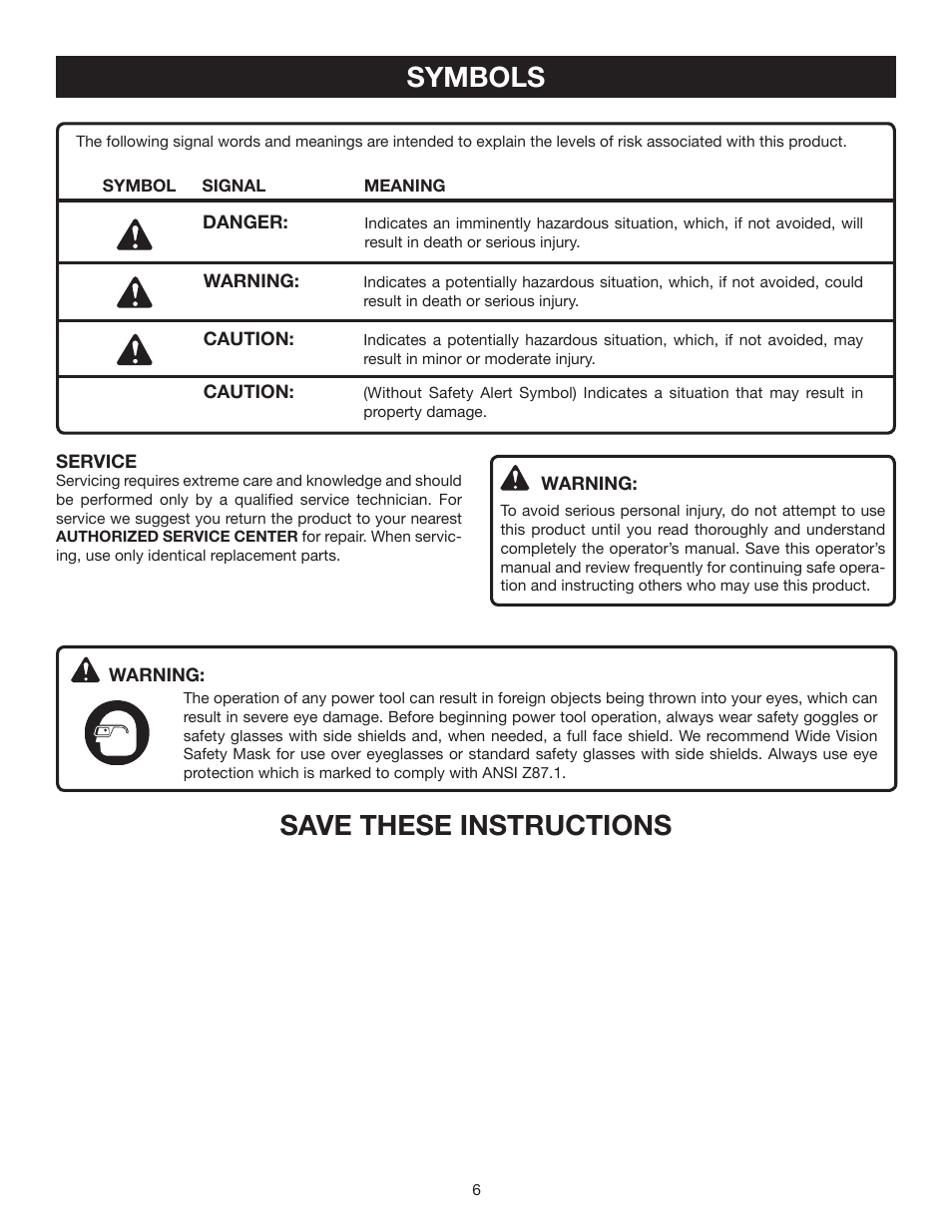 Symbols, Save these instructions | Ryobi RY52014 User Manual | Page 6 / 22