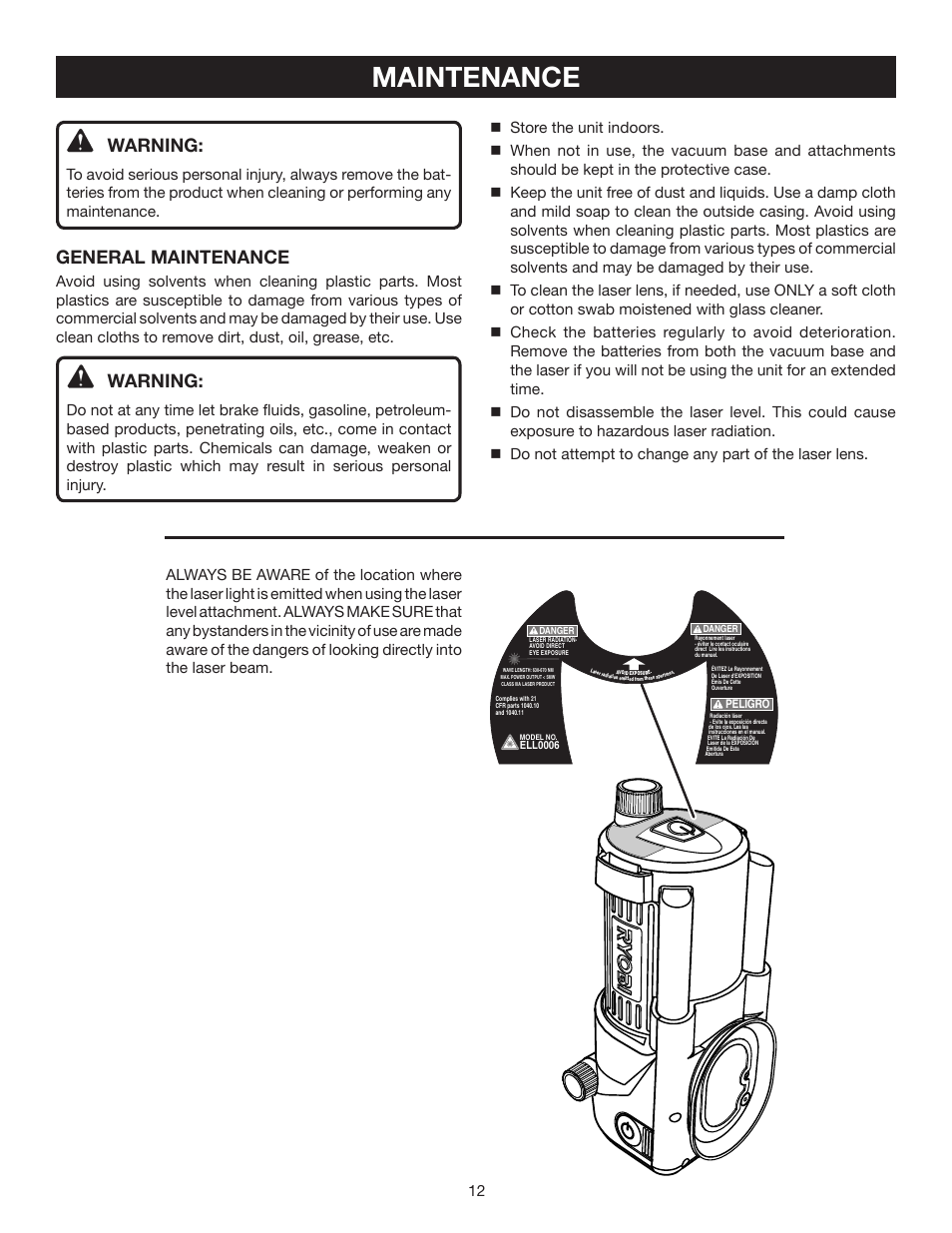 Maintenance, Warning, General maintenance | Ryobi AIRgrip Procross Laser level self leveling ELL0006 User Manual | Page 12 / 14