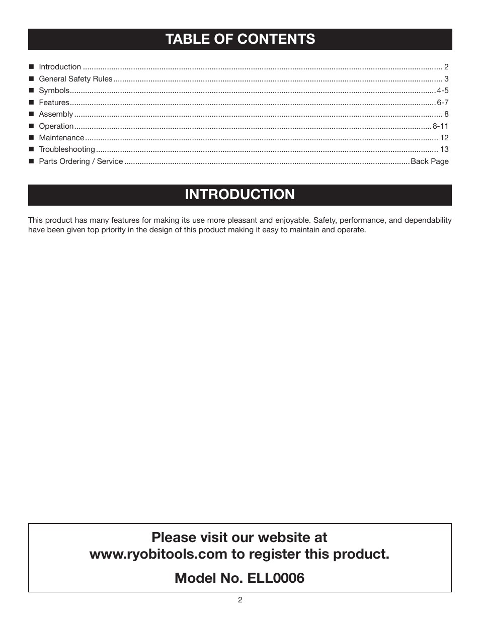Table of contents introduction | Ryobi AIRgrip Procross Laser level self leveling ELL0006 User Manual | Page 2 / 14