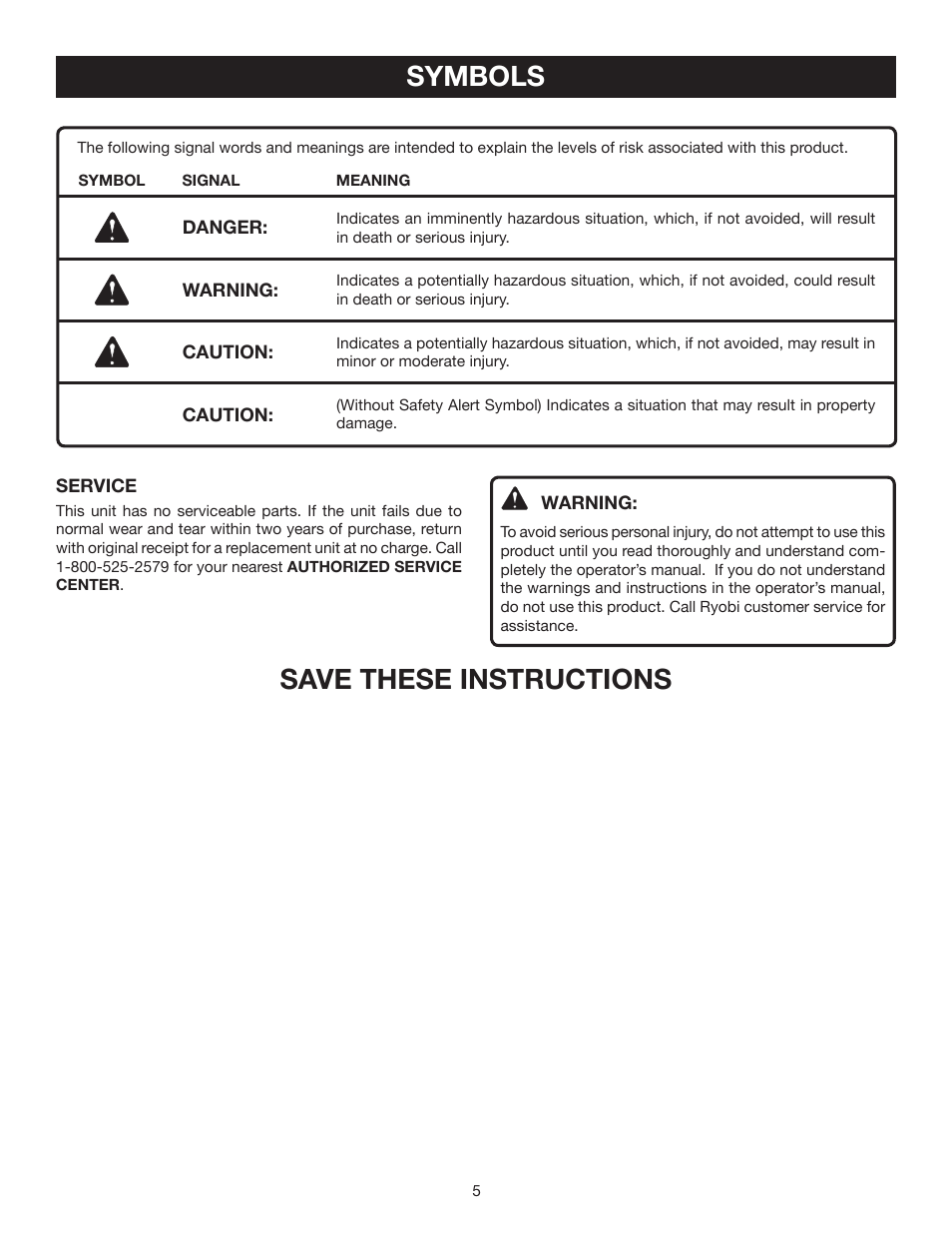 Save these instructions, Symbols | Ryobi AIRgrip Procross Laser level self leveling ELL0006 User Manual | Page 5 / 14