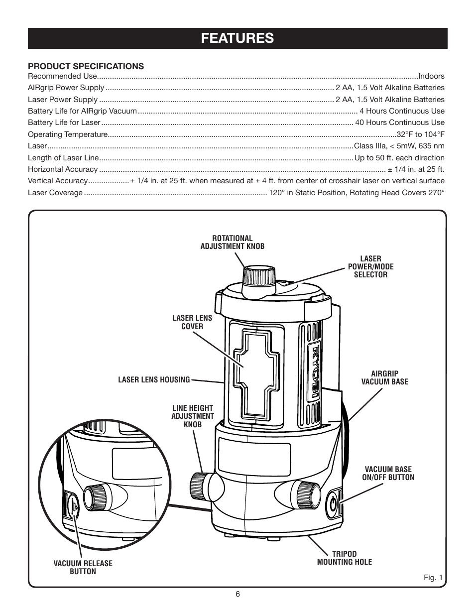 Features | Ryobi AIRgrip Procross Laser level self leveling ELL0006 User Manual | Page 6 / 14
