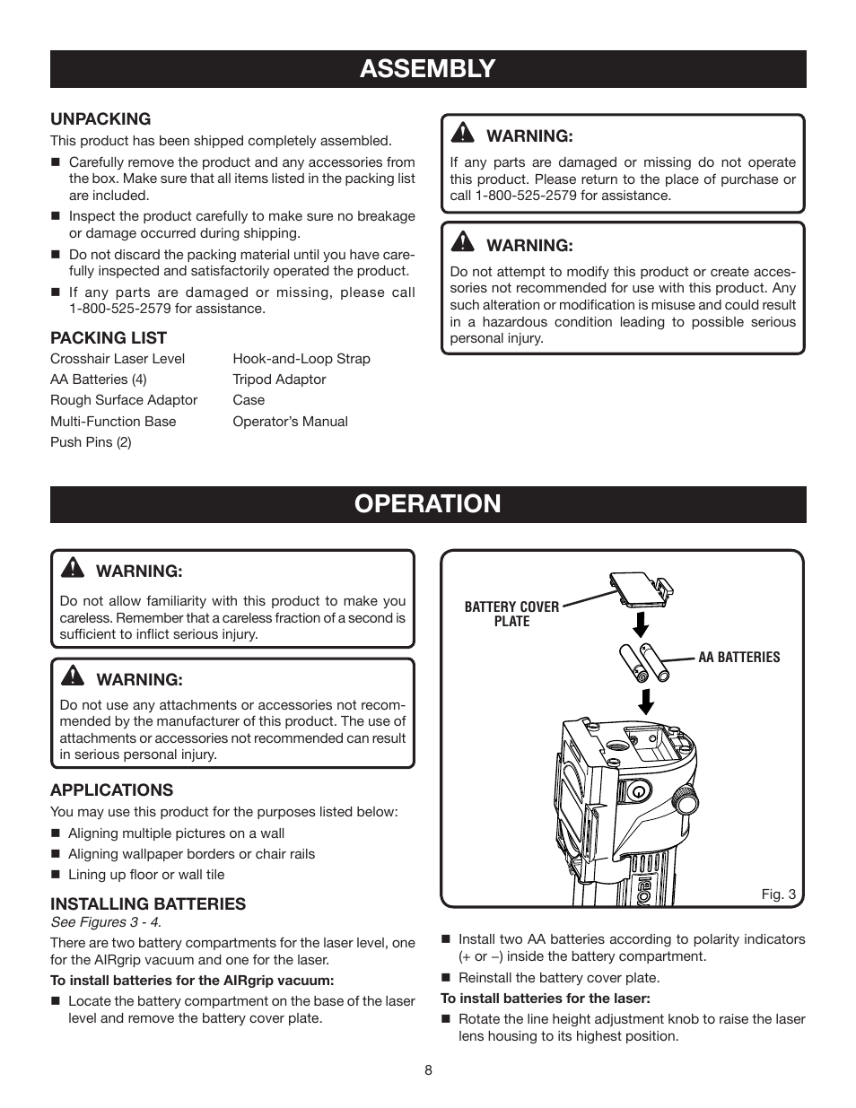 Assembly, Operation | Ryobi AIRgrip Procross Laser level self leveling ELL0006 User Manual | Page 8 / 14