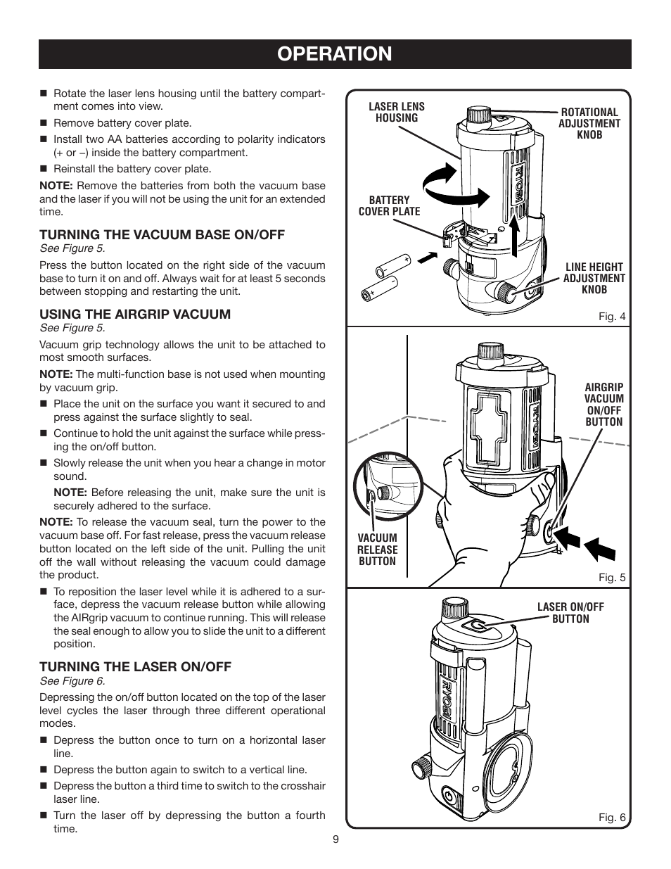 Operation | Ryobi AIRgrip Procross Laser level self leveling ELL0006 User Manual | Page 9 / 14