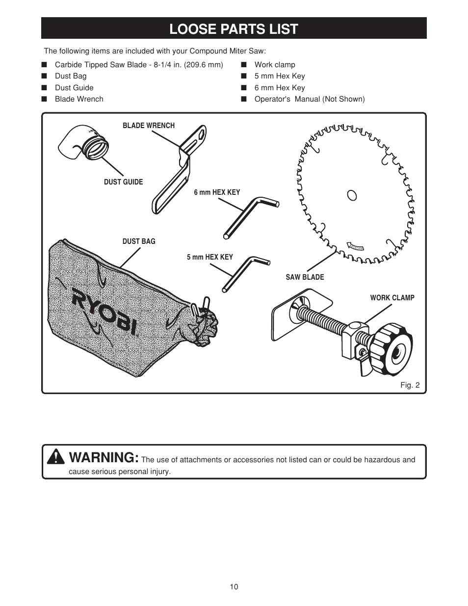 Loose parts list warning | Ryobi MS180 User Manual | Page 10 / 32