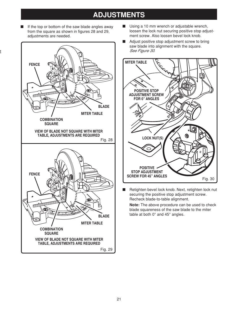 Adjustments, See figure 30, Combination square fence miter table blade | Angles lock nut(s) | Ryobi MS180 User Manual | Page 21 / 32