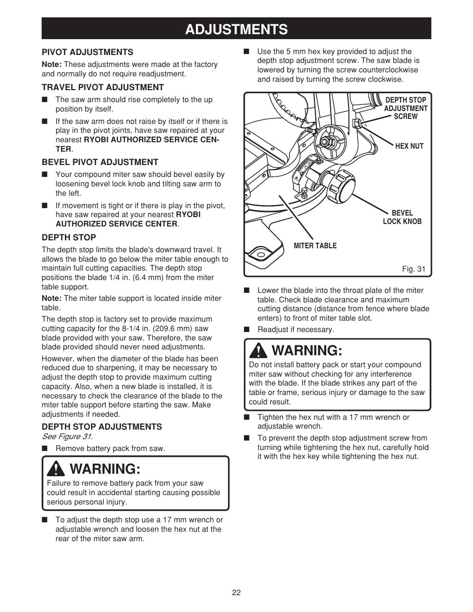 Adjustments, Warning | Ryobi MS180 User Manual | Page 22 / 32