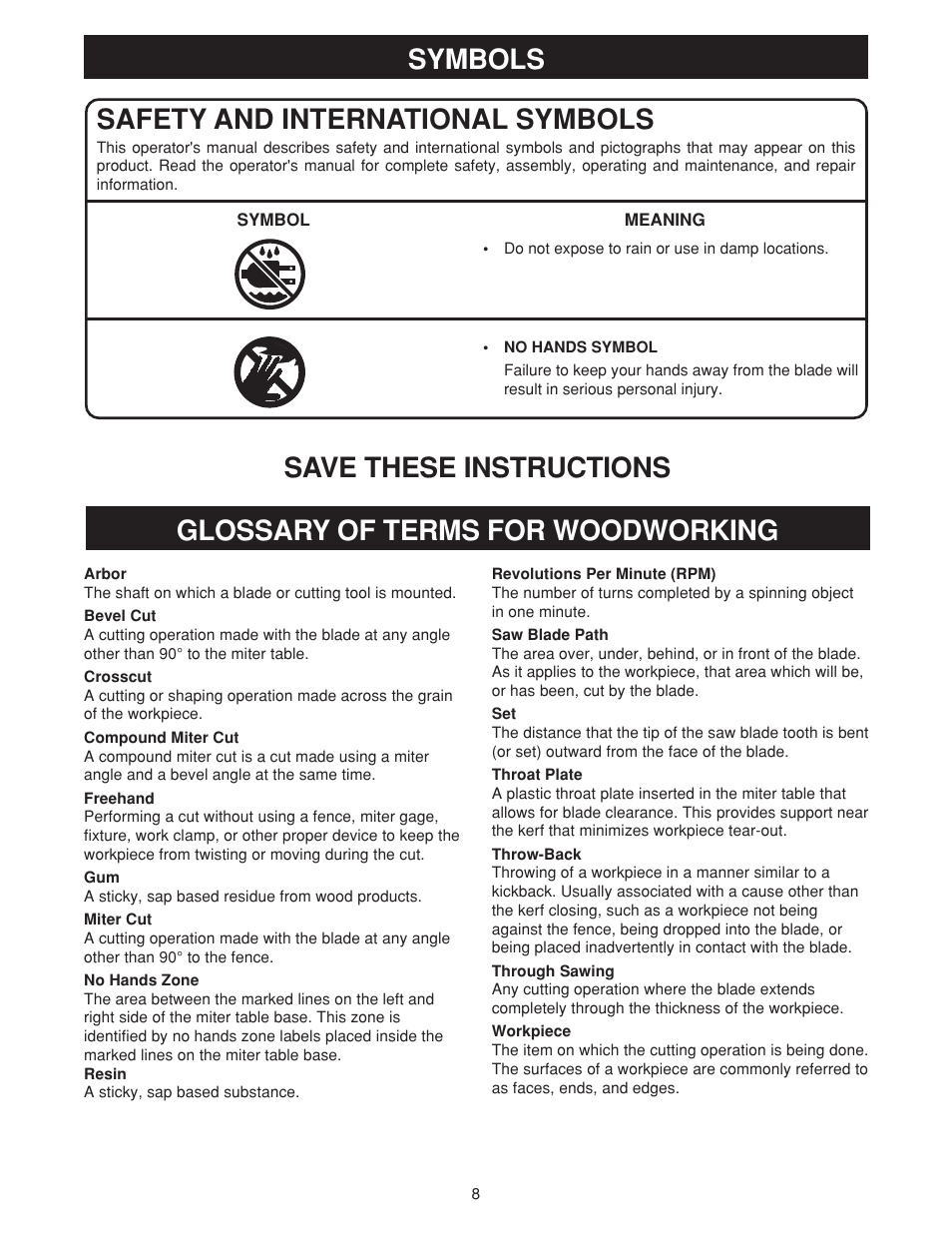 Save these instructions symbols | Ryobi MS180 User Manual | Page 8 / 32