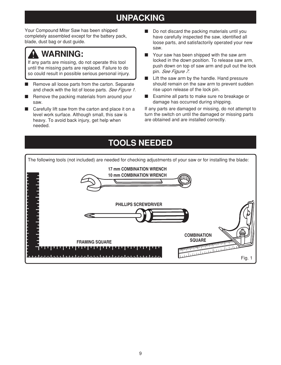 Warning, Unpacking, Tools needed | Ryobi MS180 User Manual | Page 9 / 32