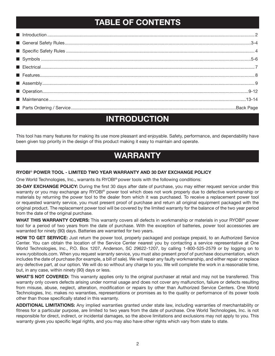Table of contents introduction, Warranty | Ryobi D41 User Manual | Page 2 / 16