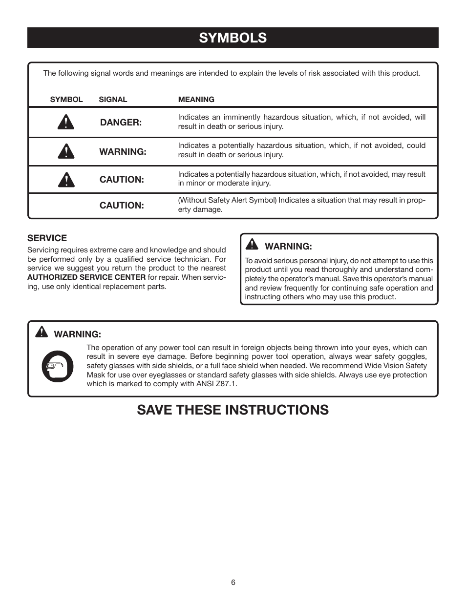 Symbols, Save these instructions | Ryobi D41 User Manual | Page 6 / 16