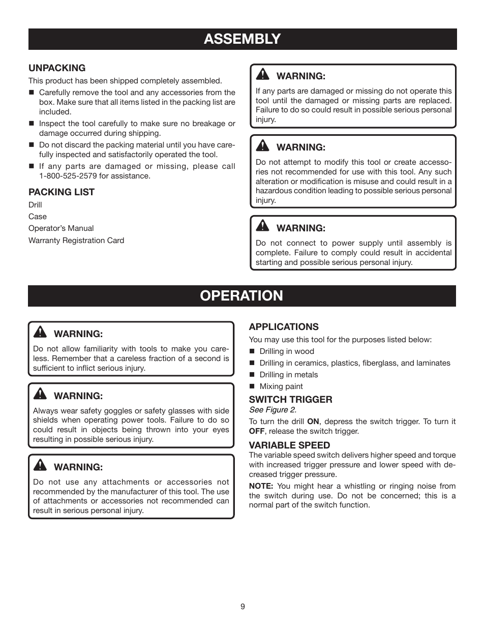 Assembly, Operation | Ryobi D41 User Manual | Page 9 / 16