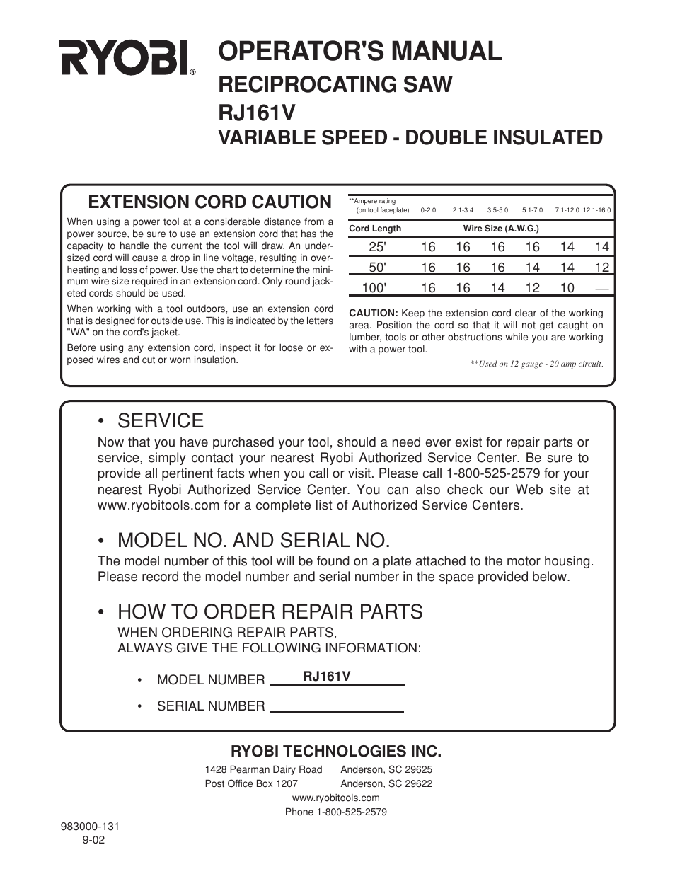 Operator's manual, Reciprocating saw rj161v, Variable speed - double insulated | Service, Model no. and serial no, How to order repair parts, Extension cord caution, Ryobi technologies inc | Ryobi RJ161V User Manual | Page 12 / 12