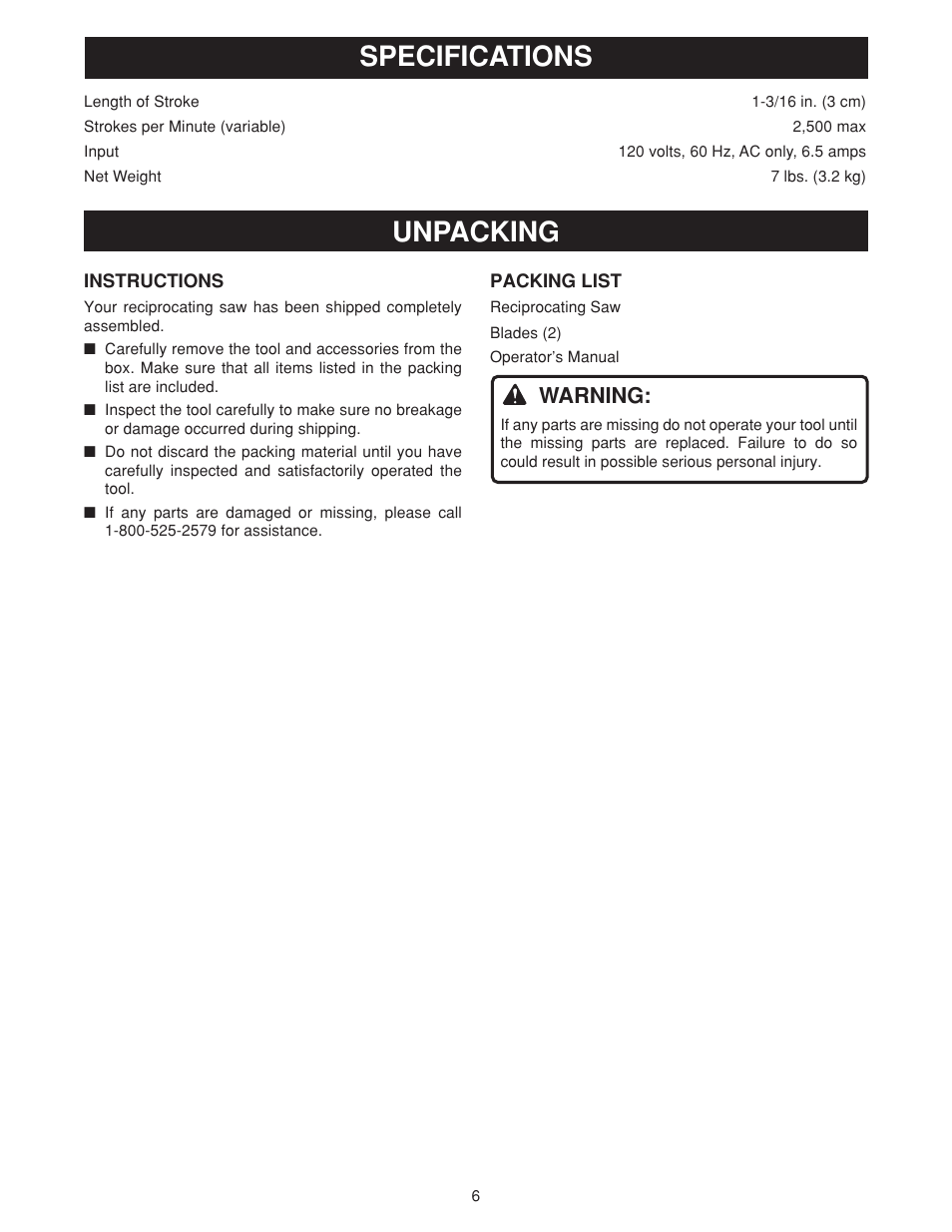 Specifications unpacking, Warning | Ryobi RJ161V User Manual | Page 6 / 12