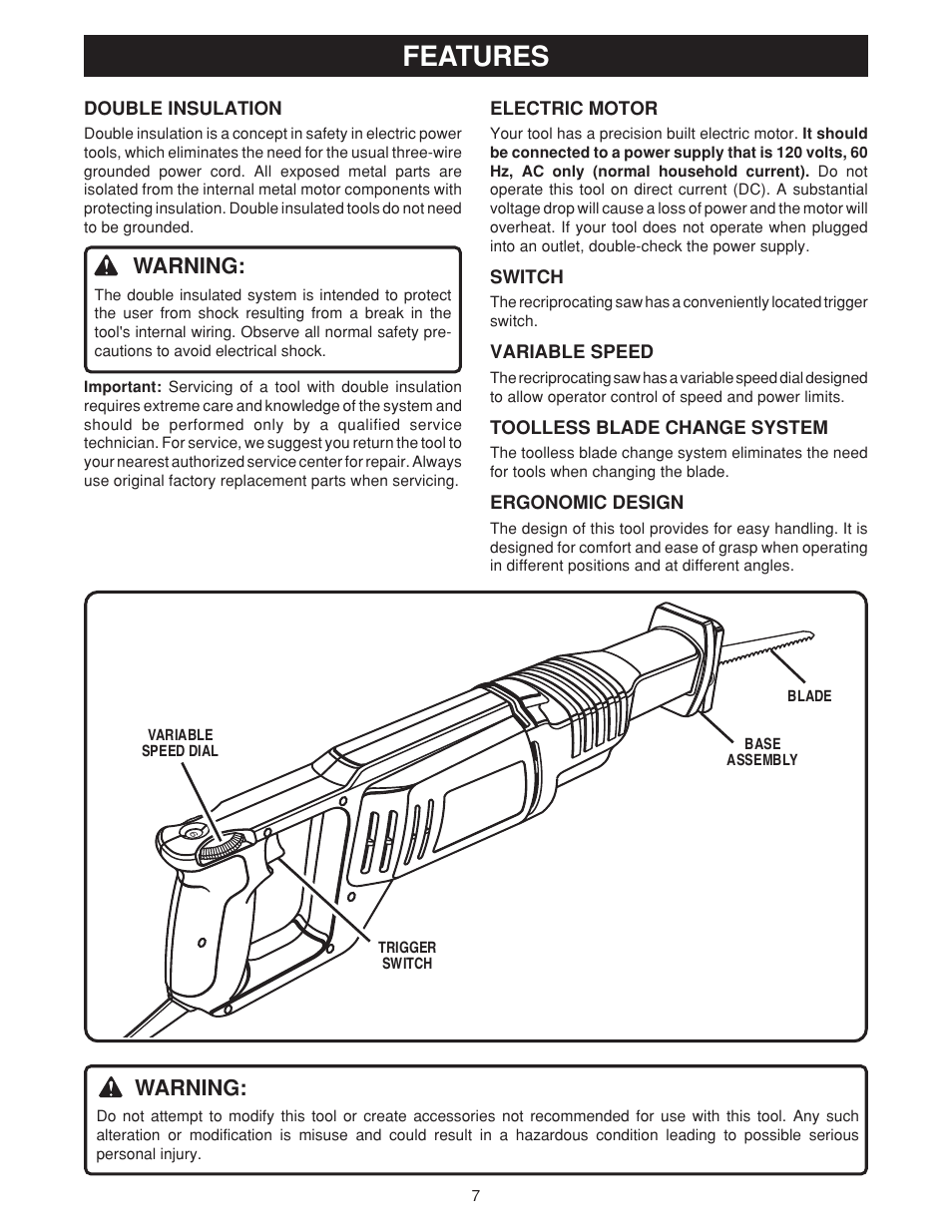 Features, Warning | Ryobi RJ161V User Manual | Page 7 / 12