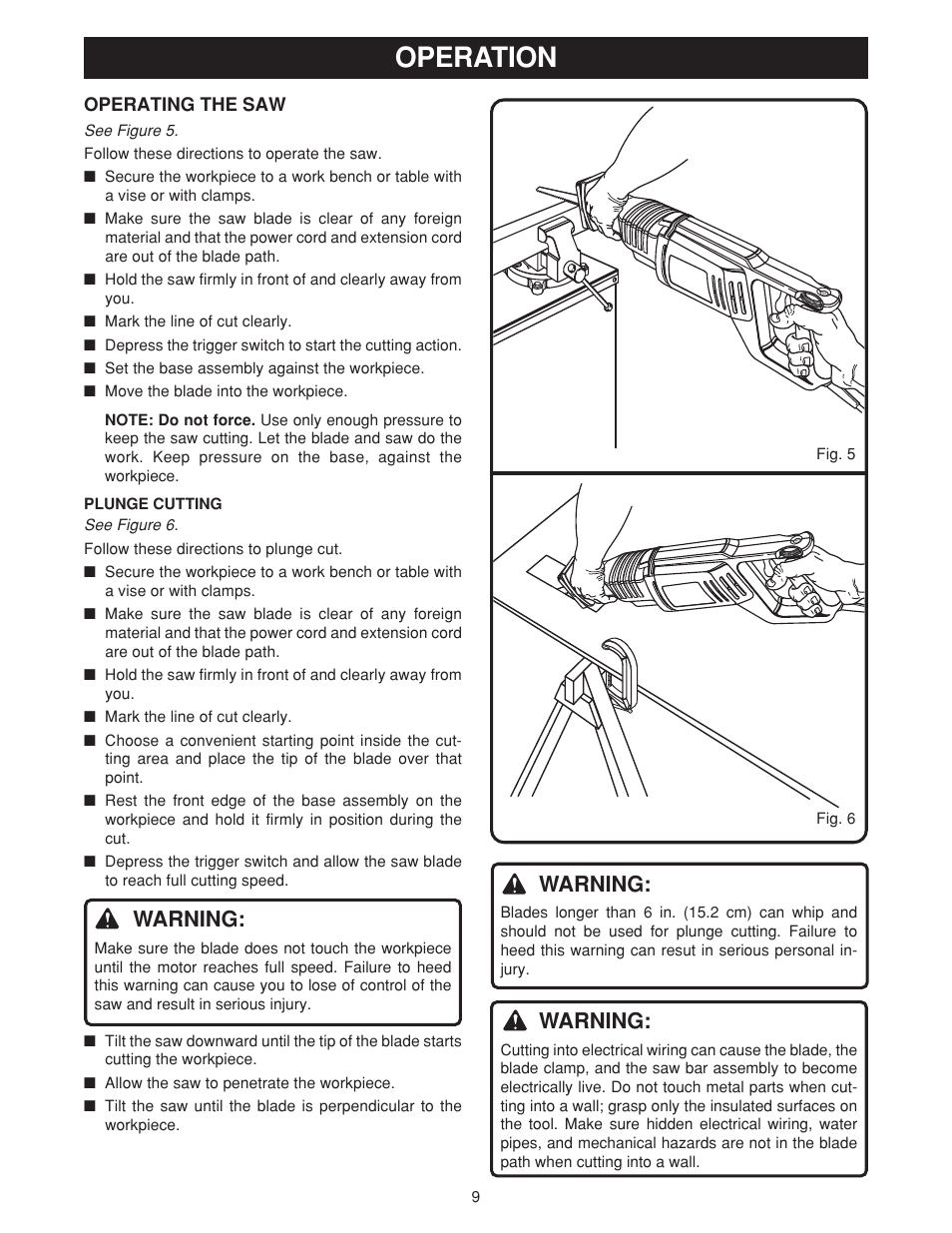 Operation, Warning | Ryobi RJ161V User Manual | Page 9 / 12