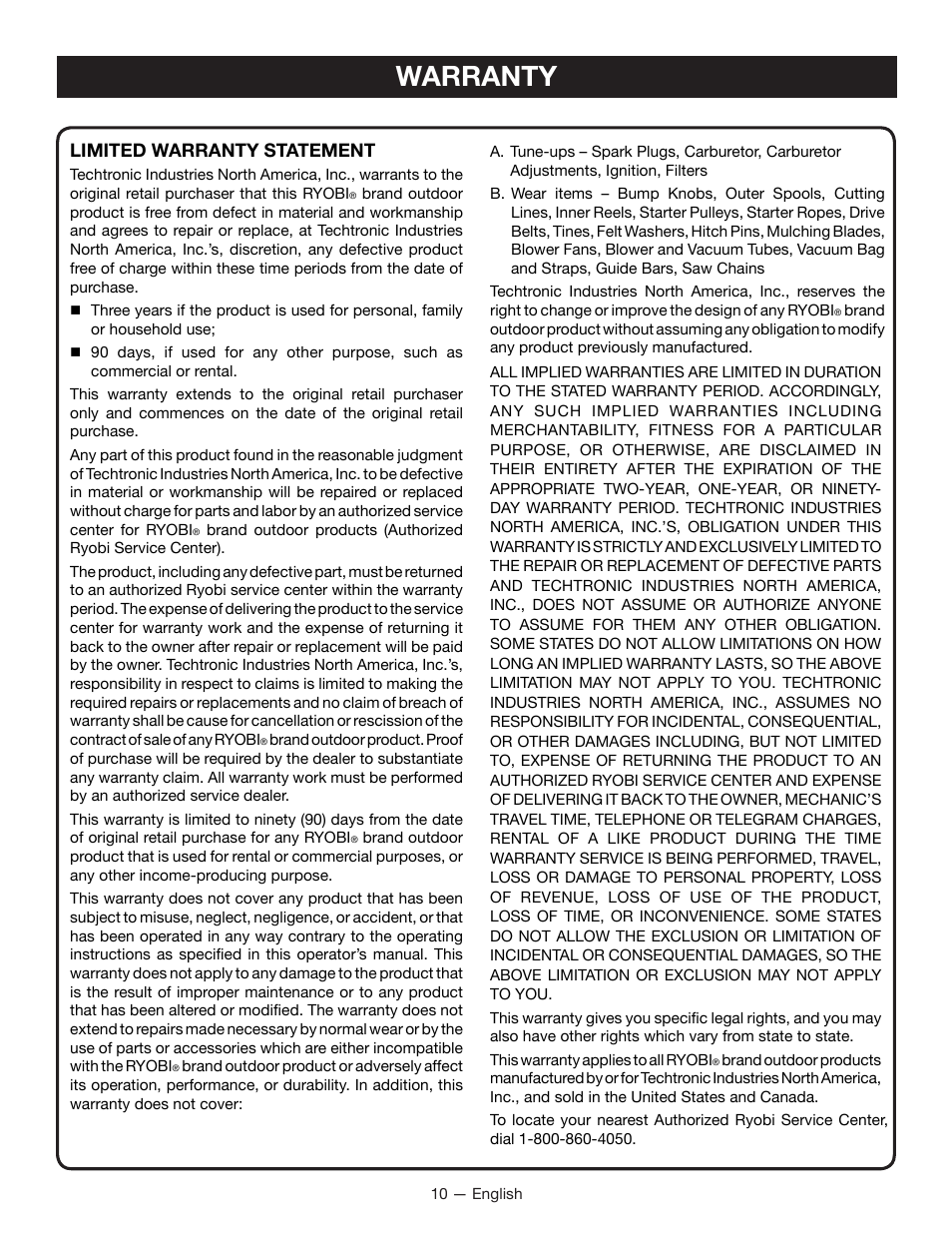 Warranty, Limited warranty statement | Ryobi EXPAND-IT RY15702 User Manual | Page 10 / 14