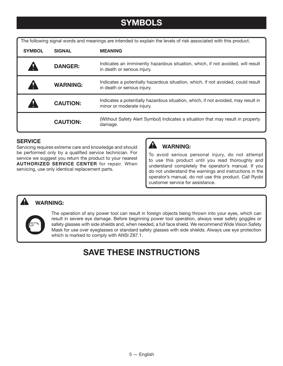 Symbols save these instructions | Ryobi EXPAND-IT RY15702 User Manual | Page 5 / 14