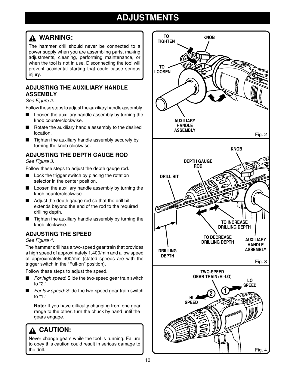 Adjustments, Warning, Caution | Ryobi HD1800M User Manual | Page 10 / 18