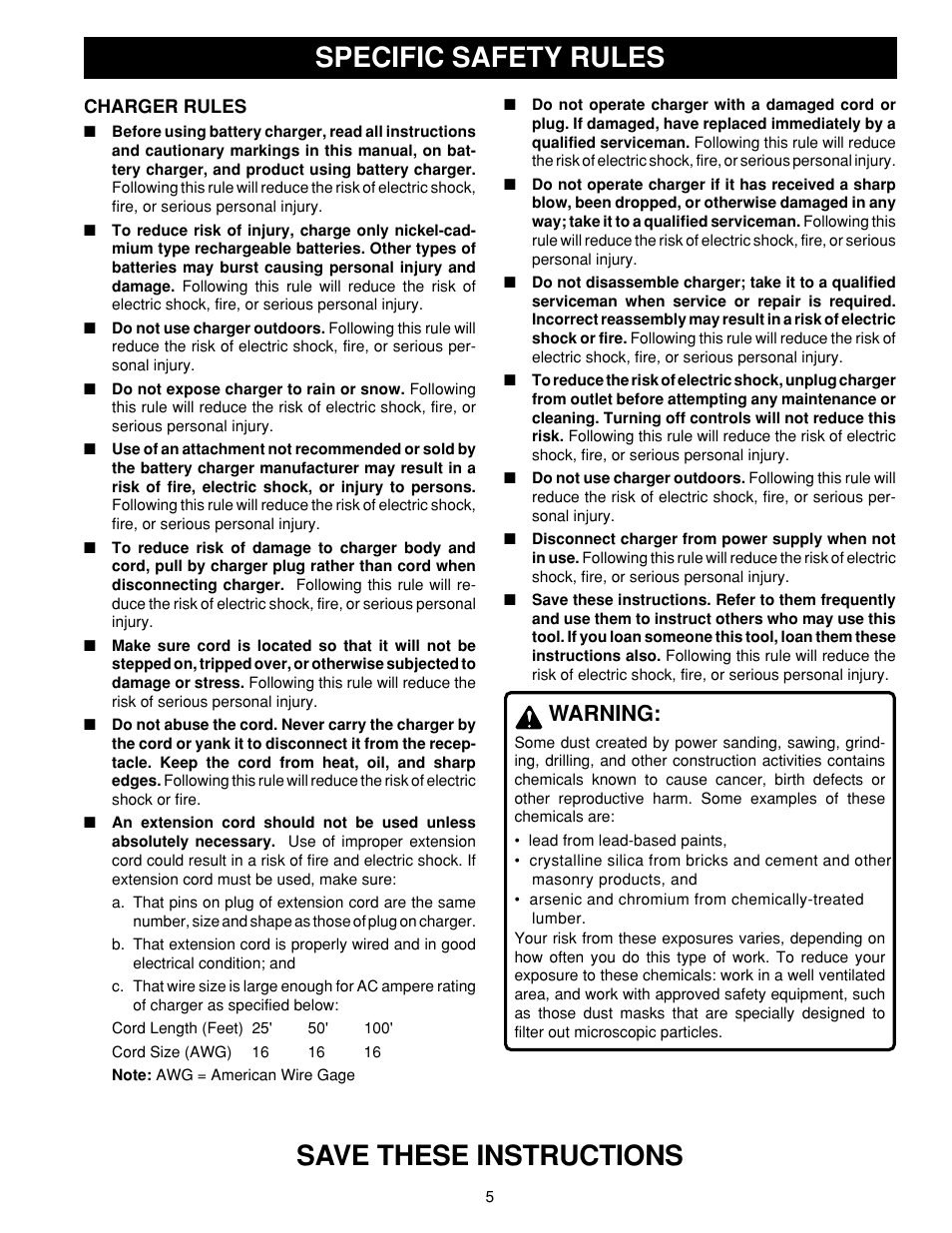 Specific safety rules, Save these instructions, Warning | Ryobi HD1800M User Manual | Page 5 / 18