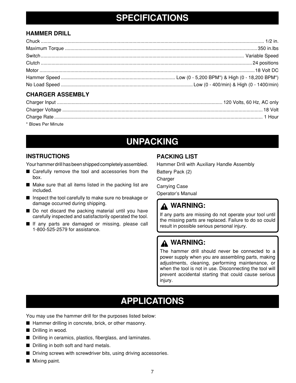 Specifications unpacking, Applications, Warning | Ryobi HD1800M User Manual | Page 7 / 18