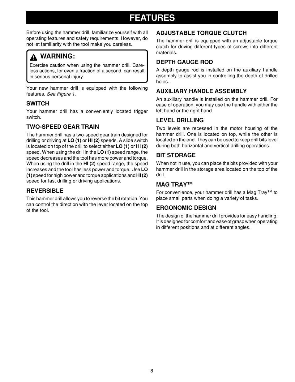 Features, Warning | Ryobi HD1800M User Manual | Page 8 / 18