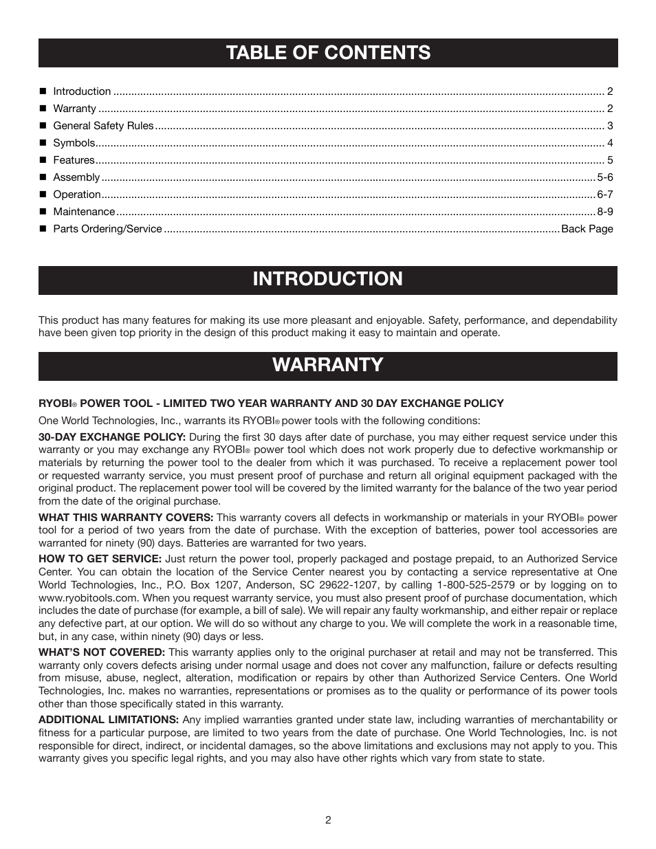 Table of contents introduction, Warranty | Ryobi P715 User Manual | Page 2 / 10