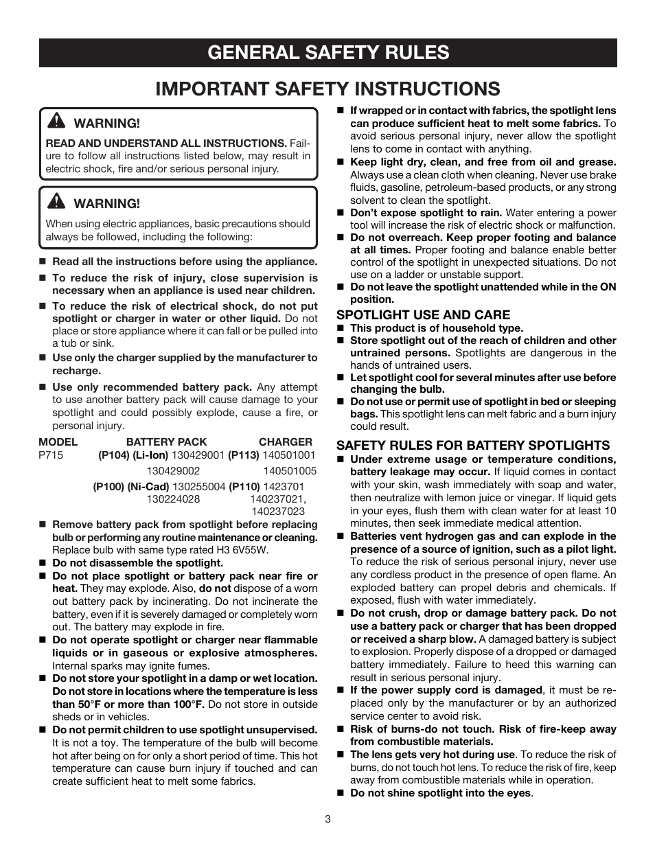 General safety rules, Important safety instructions | Ryobi P715 User Manual | Page 3 / 10
