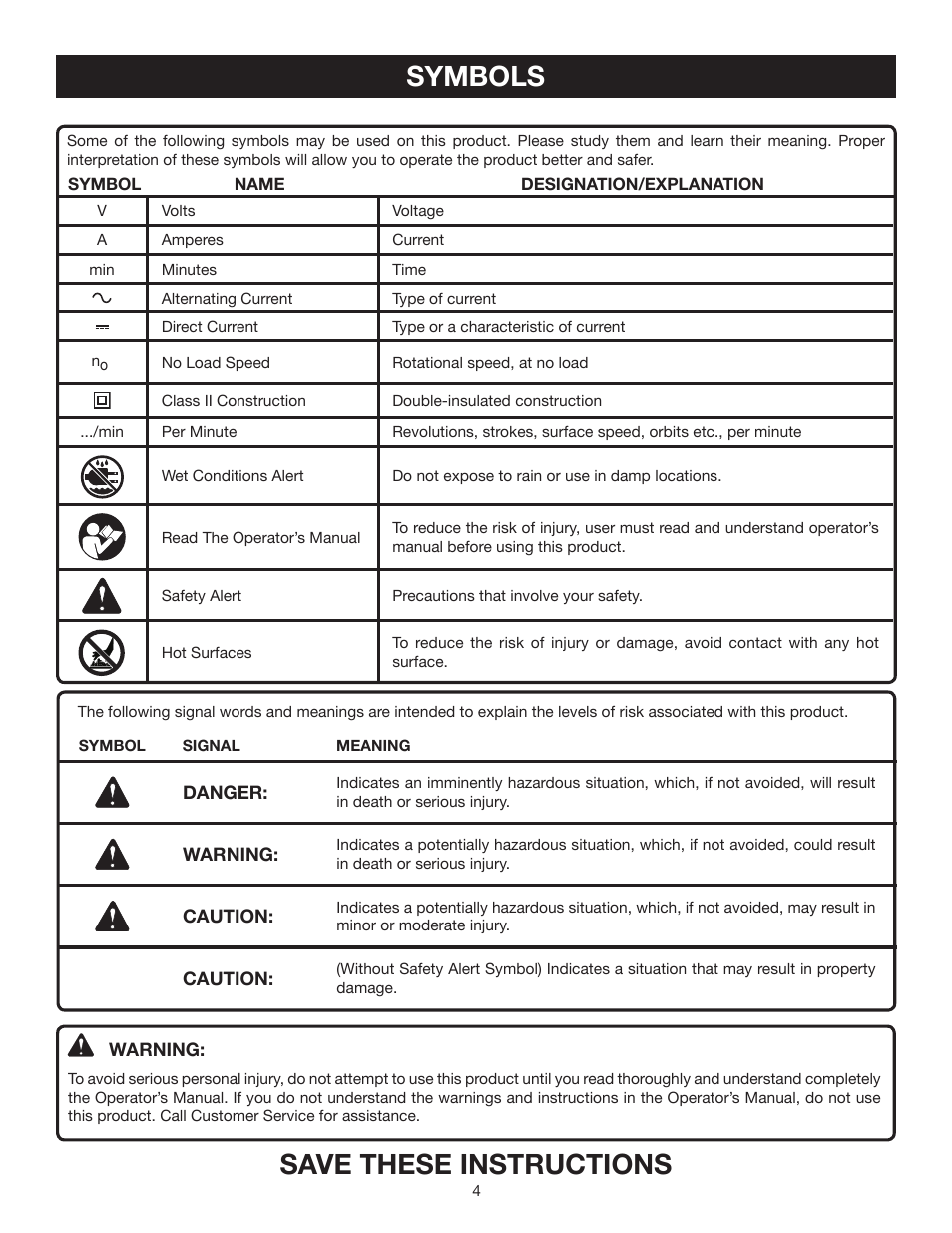 Symbols, Save these instructions | Ryobi P715 User Manual | Page 4 / 10