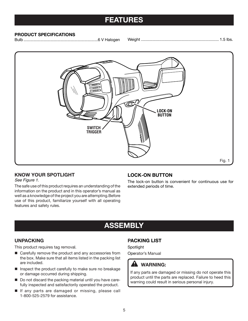 Features, Assembly | Ryobi P715 User Manual | Page 5 / 10