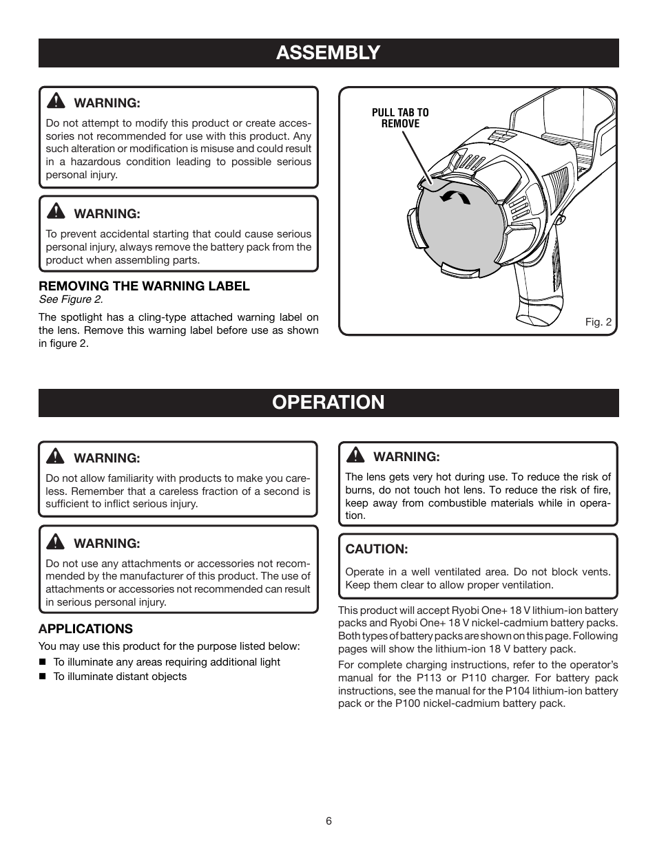 Operation, Assembly | Ryobi P715 User Manual | Page 6 / 10