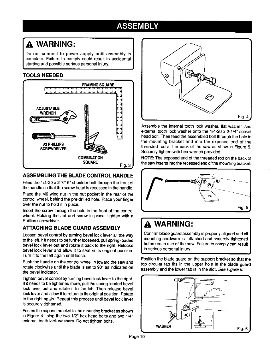 Assembly, A warning, Tools needed | Assembling the blade control handle, Attaching blade guard assembly, Assembly -11, Warning | Ryobi BTS10 User Manual | Page 10 / 24