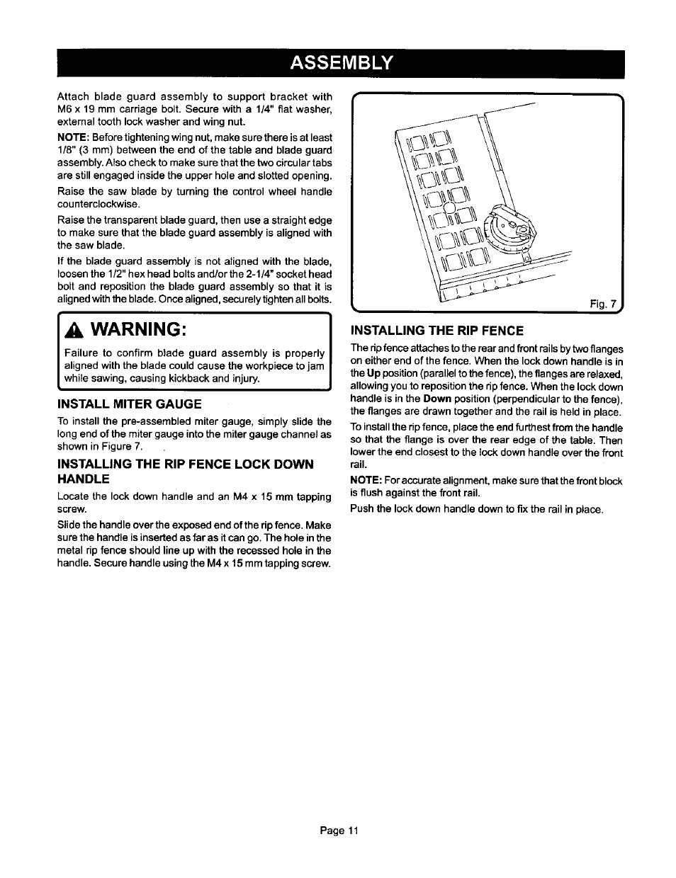 Assembly, Install miter gauge, Installing the rip fence lock down handle | Installing the rip fence, Warning | Ryobi BTS10 User Manual | Page 11 / 24