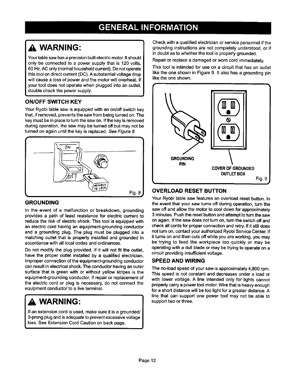 General information, On/off switch key, Overload reset button | Speed and wiring, Warning | Ryobi BTS10 User Manual | Page 12 / 24