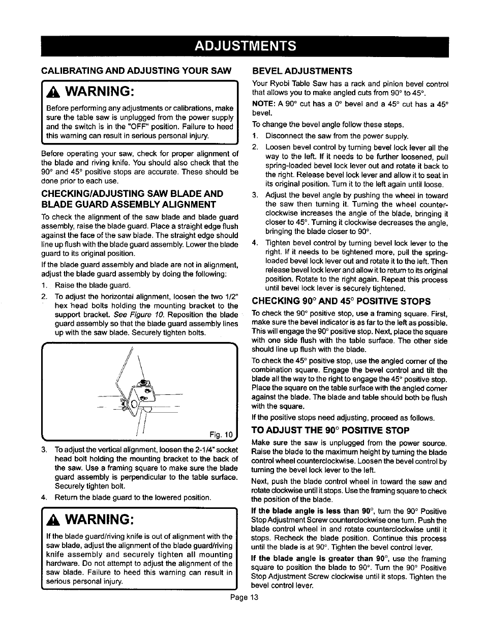 Adjustments, Calibrating and adjusting your saw, Bevel adjustments | Checking 90° and 45° positive stops, To adjust the 90° positive stop, Adjustments -14, A warning, Warning | Ryobi BTS10 User Manual | Page 13 / 24