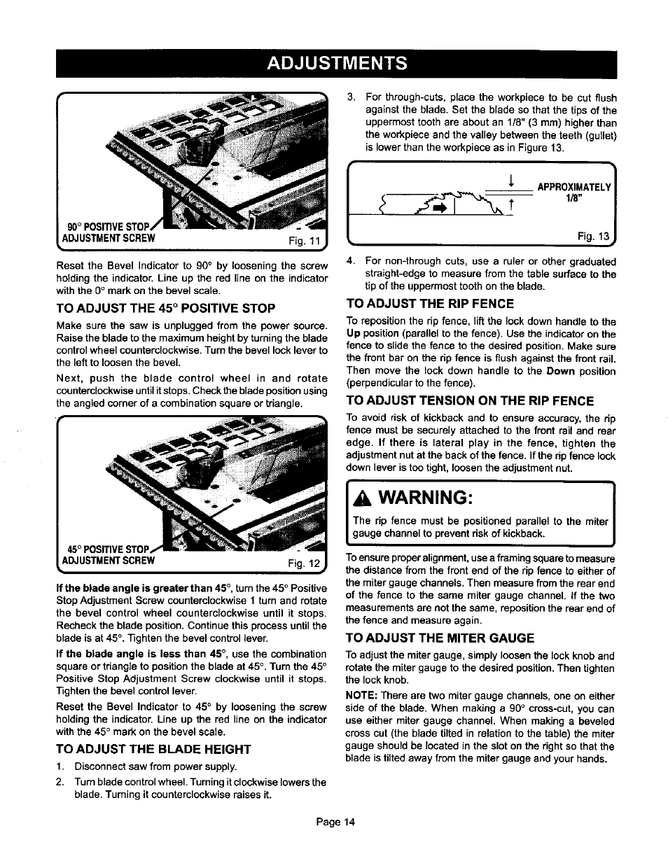 Adjustments, To adjust the 45° positive stop, To adjust the blade height | To adjust the rip fence, To adjust tension on the rip fence, To adjust the miter gauge, Warning | Ryobi BTS10 User Manual | Page 14 / 24