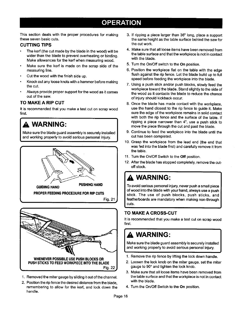 Cutting tips, To make a rip cut, To make a cross-cut | To make a cross cut -17 to make a miter cross cut, Operation, Warning, A warning | Ryobi BTS10 User Manual | Page 16 / 24