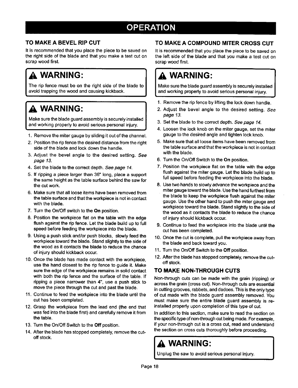 To make a bevel rip cut, A warning, To make a compound miter cross cut | To make non-through cuts, Operation, Warning | Ryobi BTS10 User Manual | Page 18 / 24