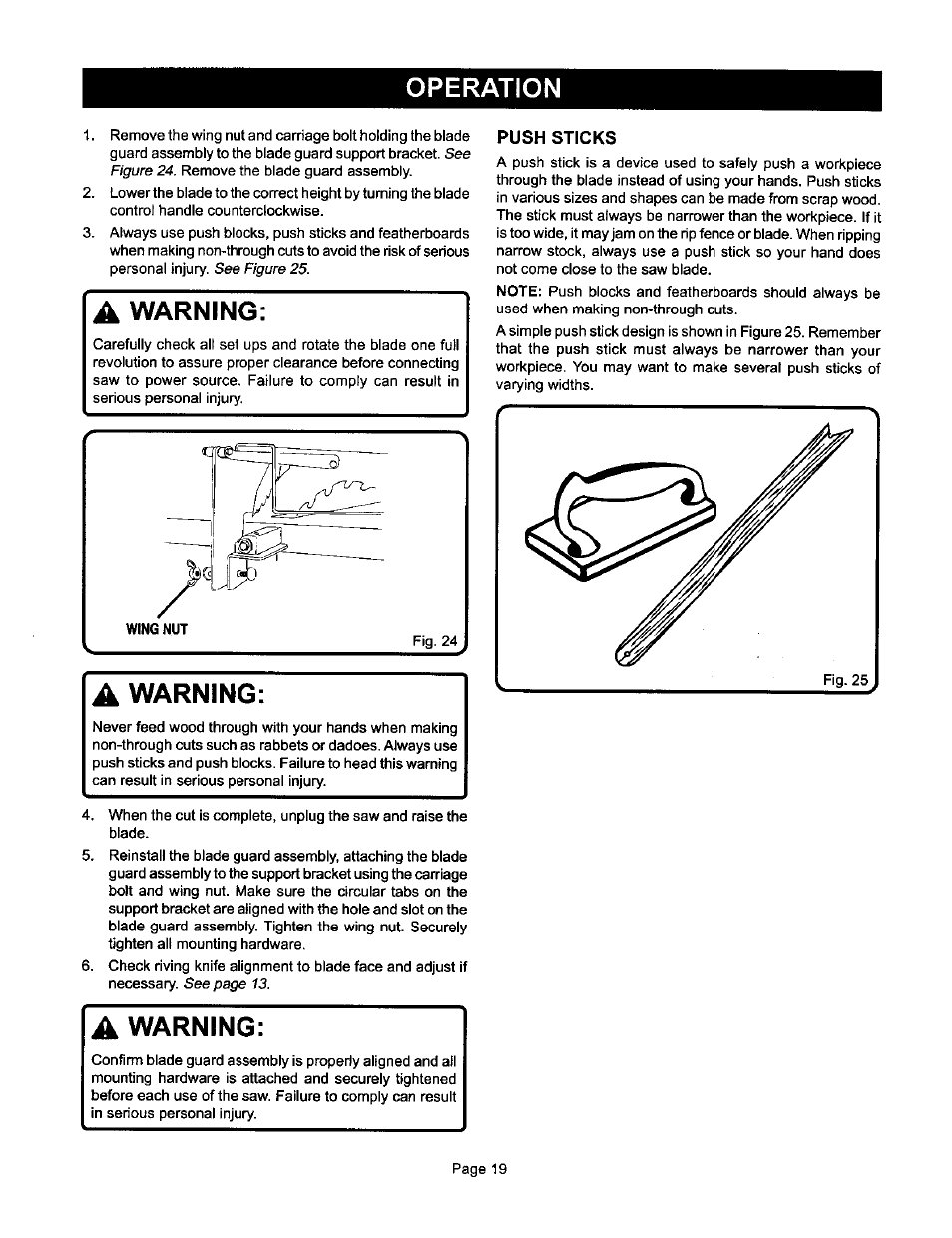 Push sticks, A warning, Operation | Warning | Ryobi BTS10 User Manual | Page 19 / 24