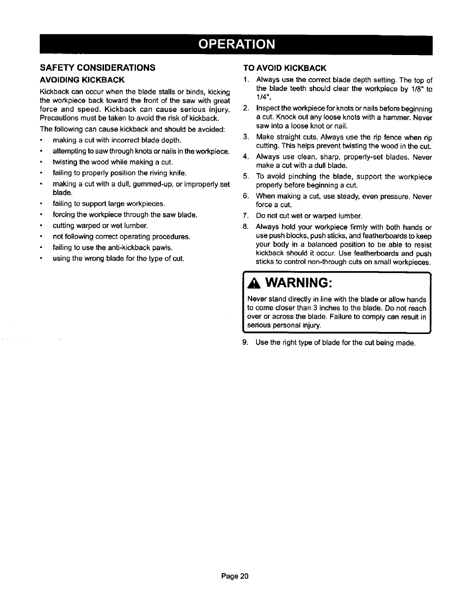 A warning, Operation, Warning | Ryobi BTS10 User Manual | Page 20 / 24