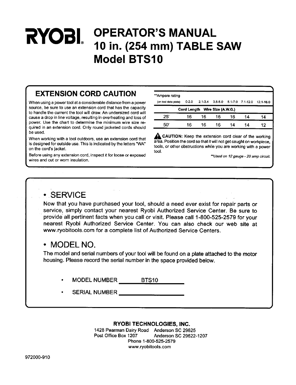Model bts10, Service, Model no | Ryobi technologies, inc, Syosi operator’s manual ix iw0i. ^ q, Mm) table saw model bts10, Extension cord caution | Ryobi BTS10 User Manual | Page 24 / 24
