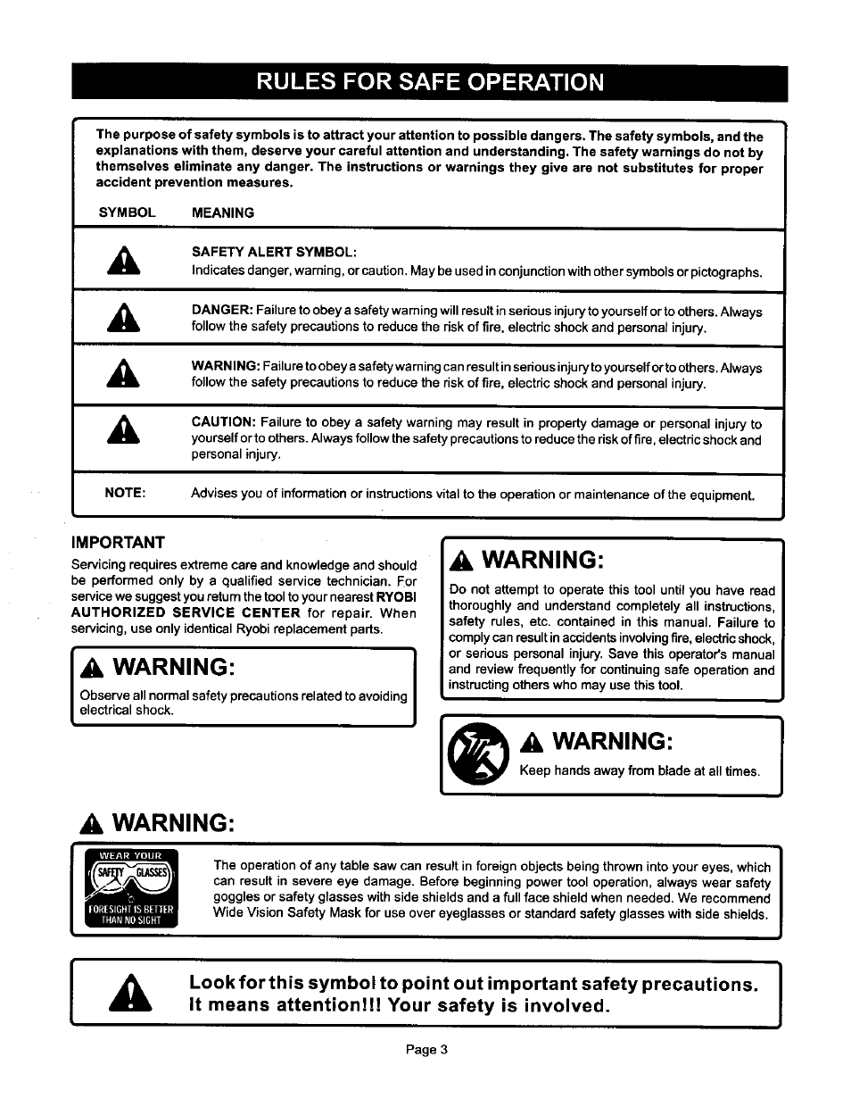Important, A warning | Ryobi BTS10 User Manual | Page 3 / 24