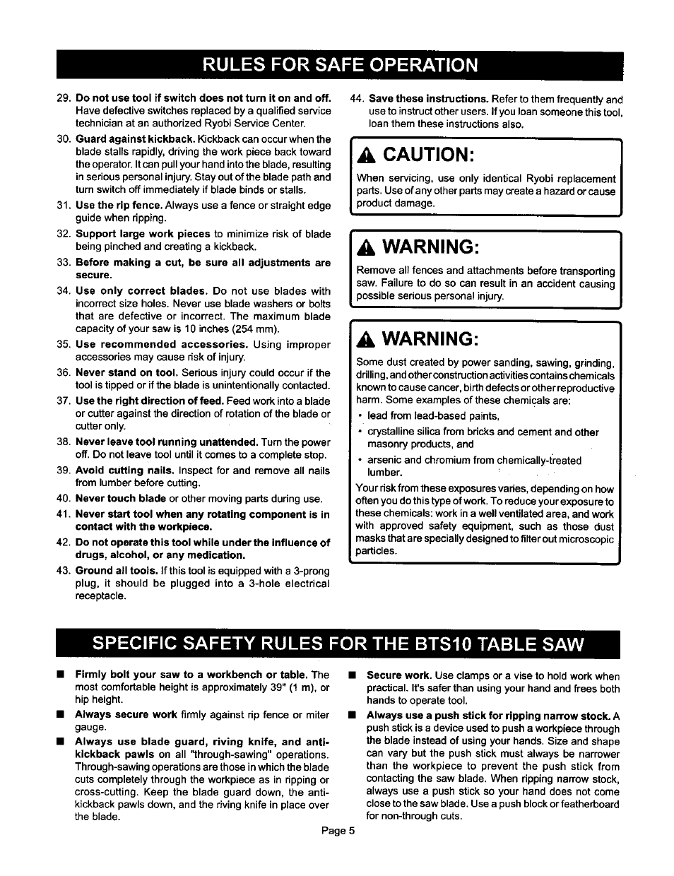 Specific safety rules for the bts10 table saw, Rules for safe operation, Caution | Warning | Ryobi BTS10 User Manual | Page 5 / 24