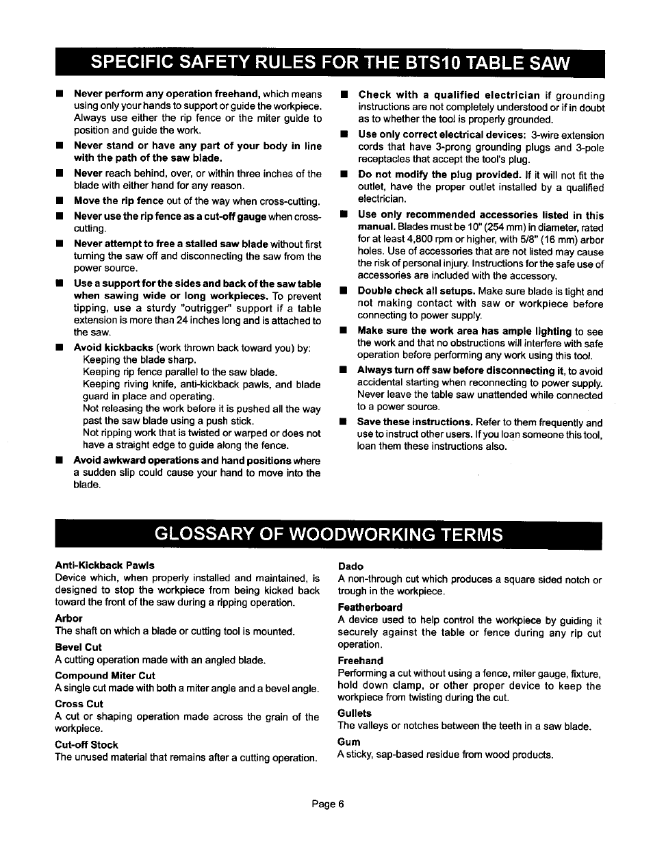 Specific safety rules for the bts10 table saw, Glossary of woodworking terms, Glossary of woodworking terms -7 | Ryobi BTS10 User Manual | Page 6 / 24