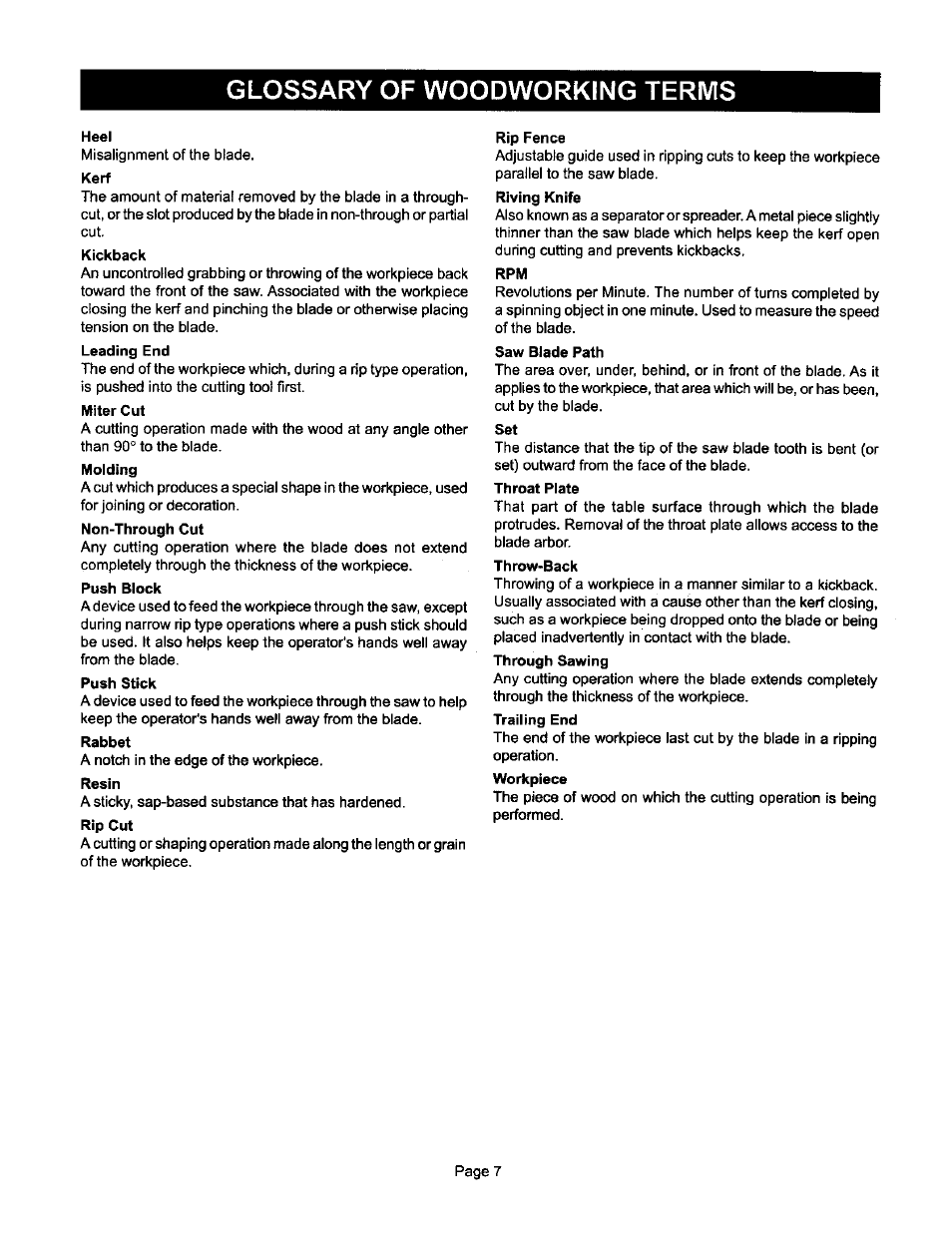 Glossary of woodworking terms | Ryobi BTS10 User Manual | Page 7 / 24
