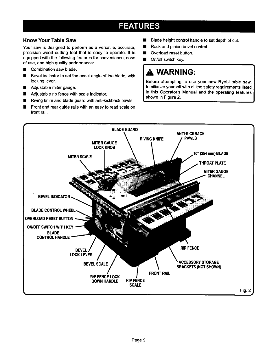 Features, Know your table saw, Warning | Ryobi BTS10 User Manual | Page 9 / 24