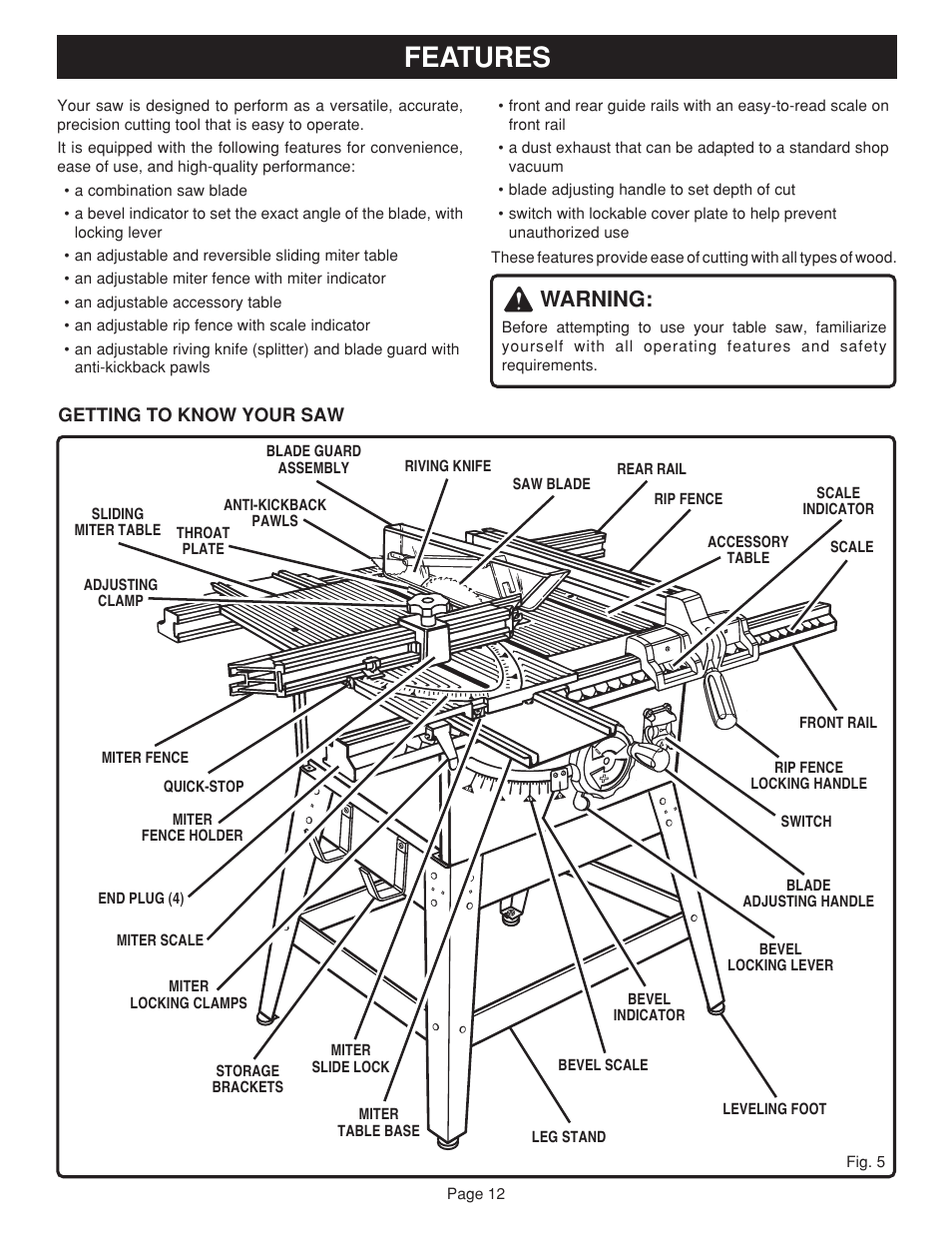 Features, Warning | Ryobi BT3100-1 User Manual | Page 12 / 52